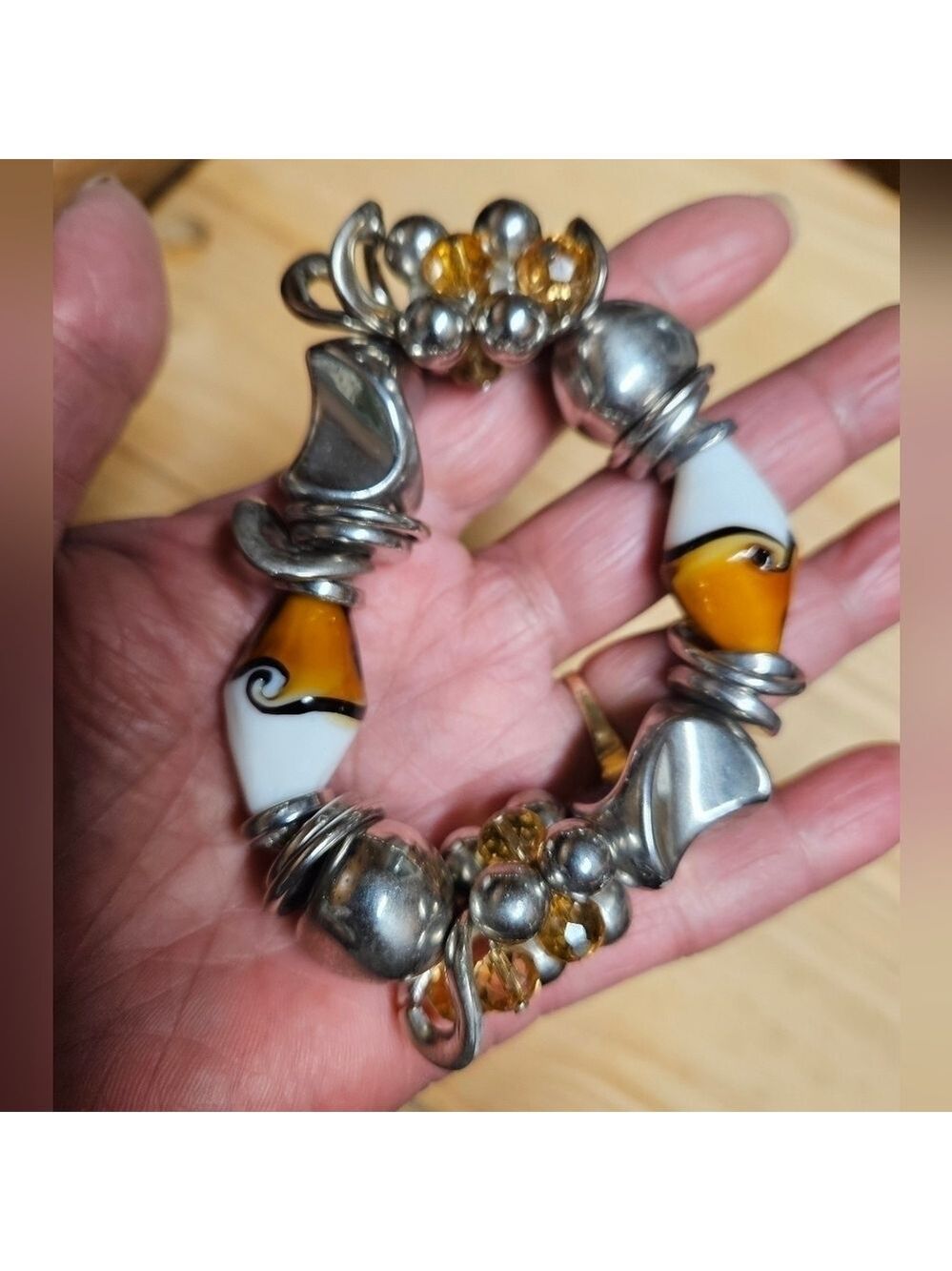 Vintage Glass and Metal Ethnic Chunky Stretch Bracelet